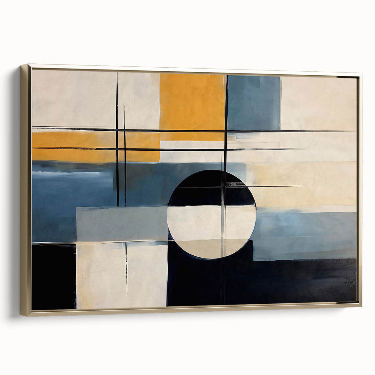 Framed canvas wall art showcasing an abstract design of gold strokes and lines, elegantly displayed from the side, ideal for modern home decor.