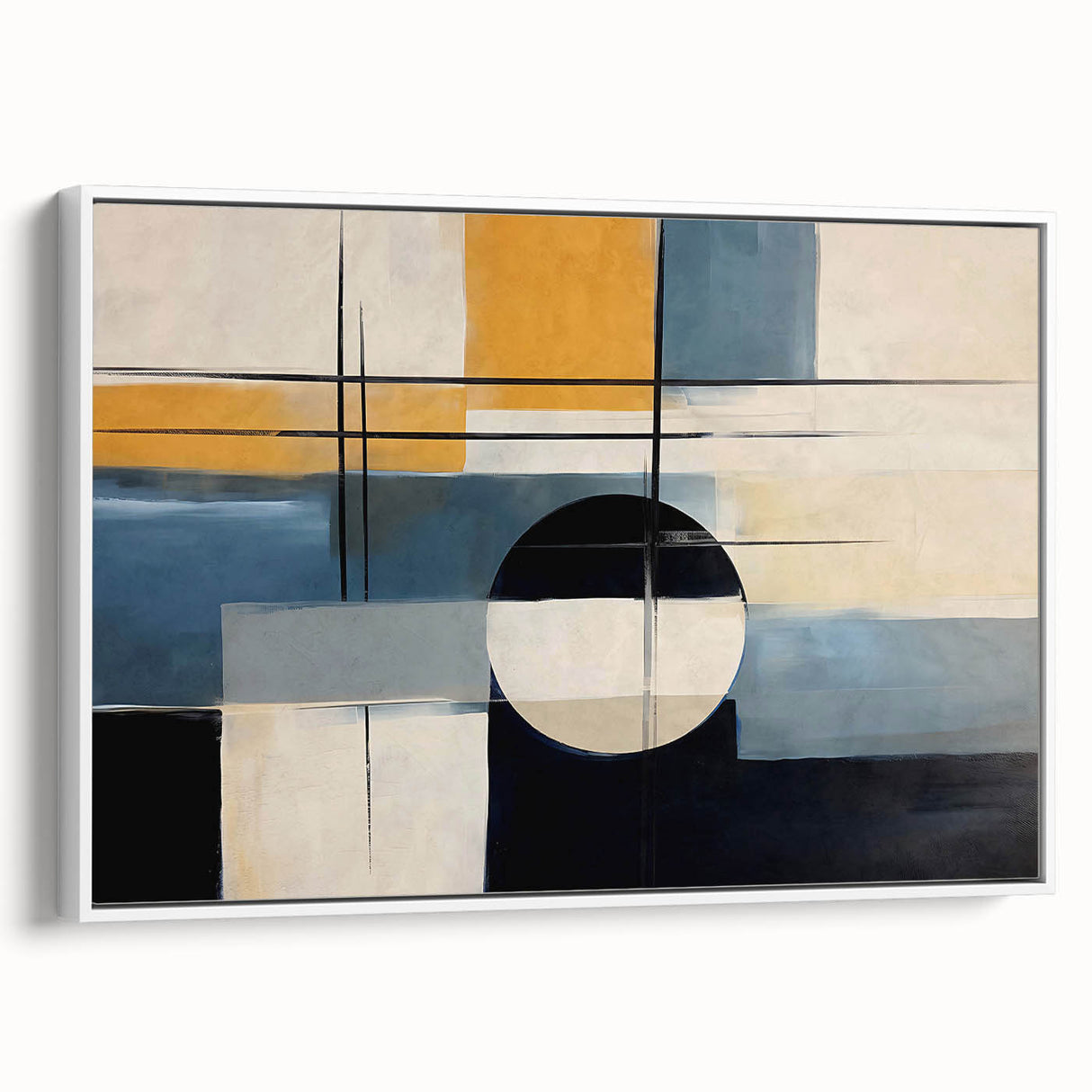 Framed abstract wall art featuring dynamic strokes and lines in muted colors, displayed from a side view. Ideal for modern home decor, adding a touch of sophistication.