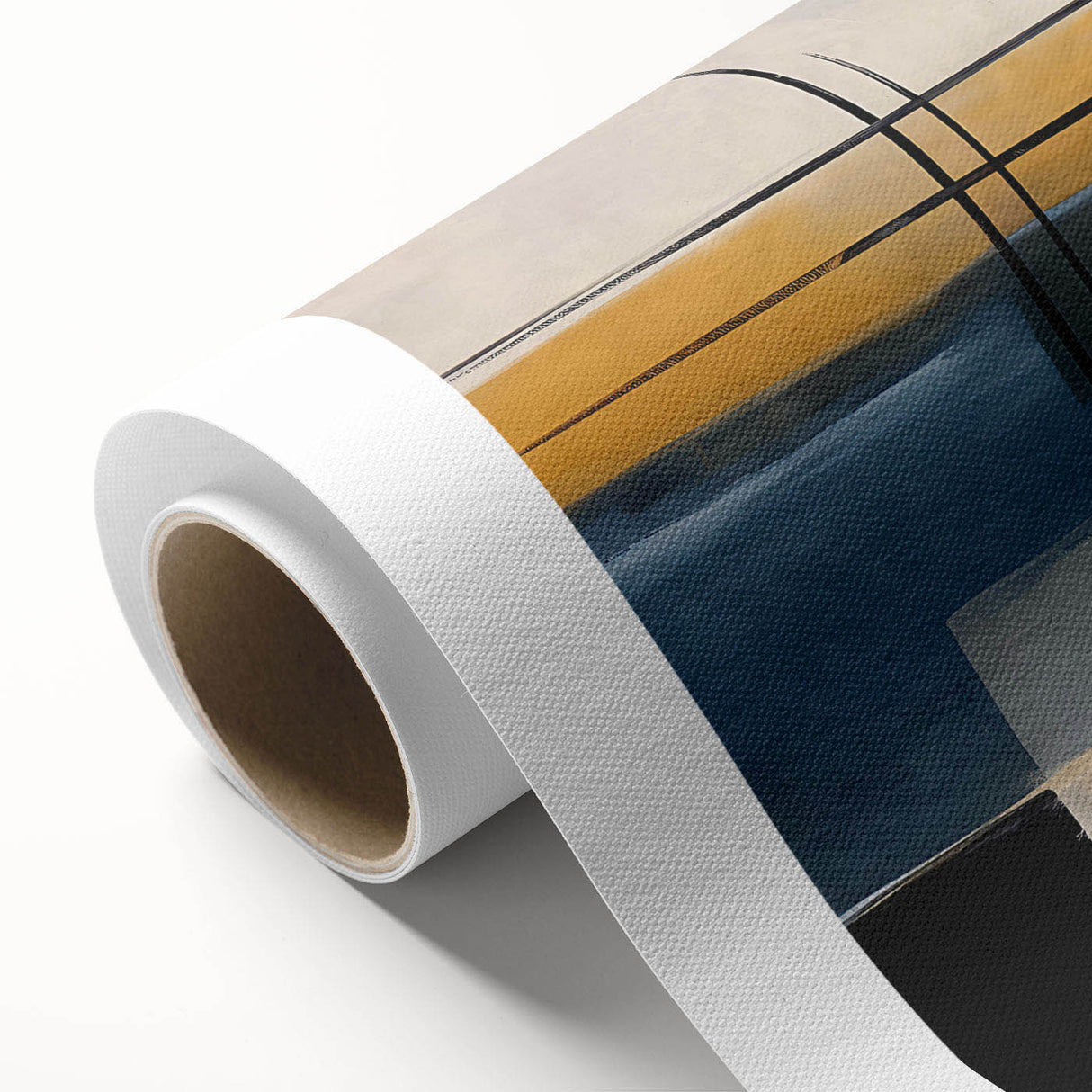 Abstract strokes and lines design on a rolled canvas, showcasing vibrant colors and dynamic patterns, ideal for modern home decor and artistic spaces.