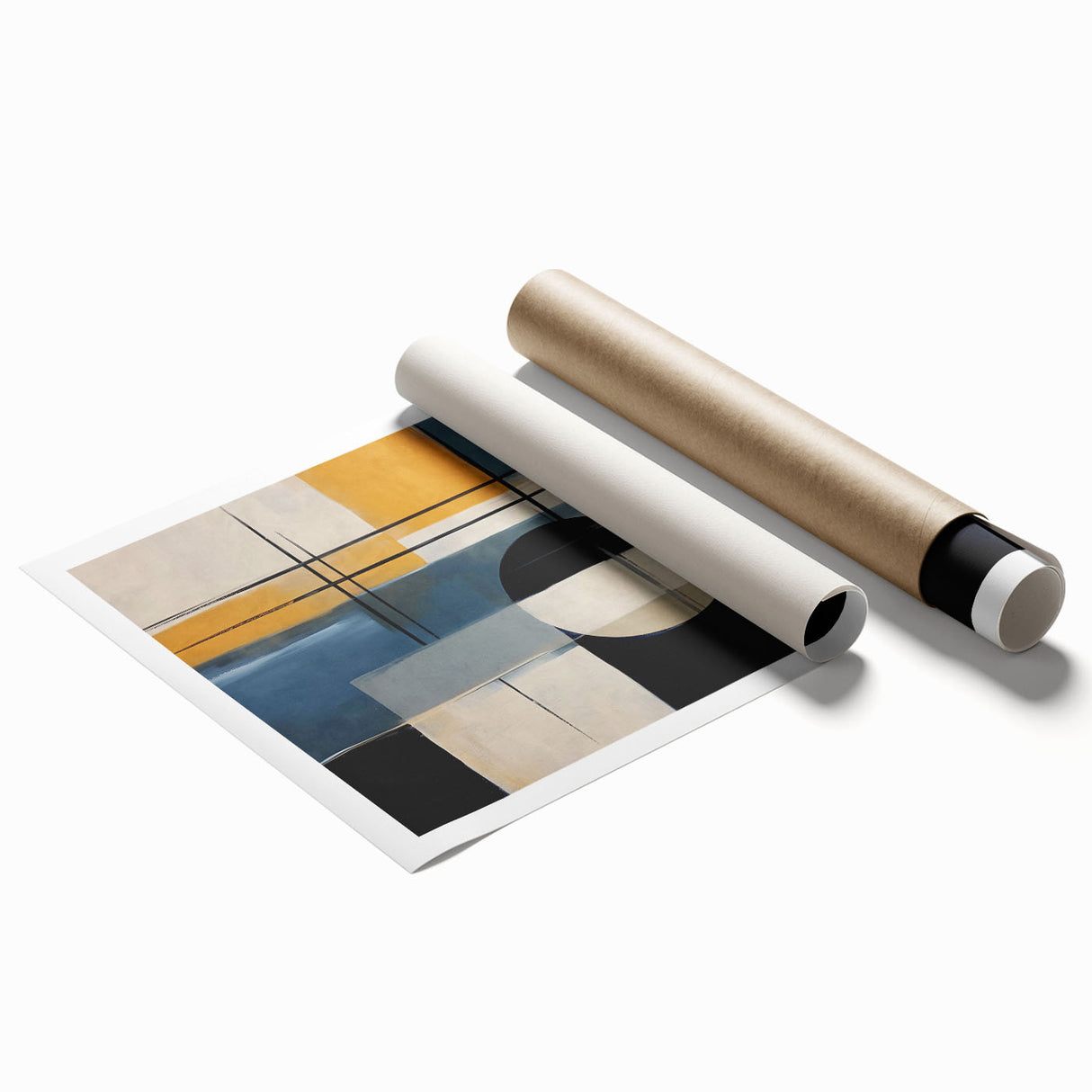 Abstract wall art print showcasing vibrant strokes and lines in shades of blue, yellow, and pink, rolled and ready for framing to enhance modern decor.