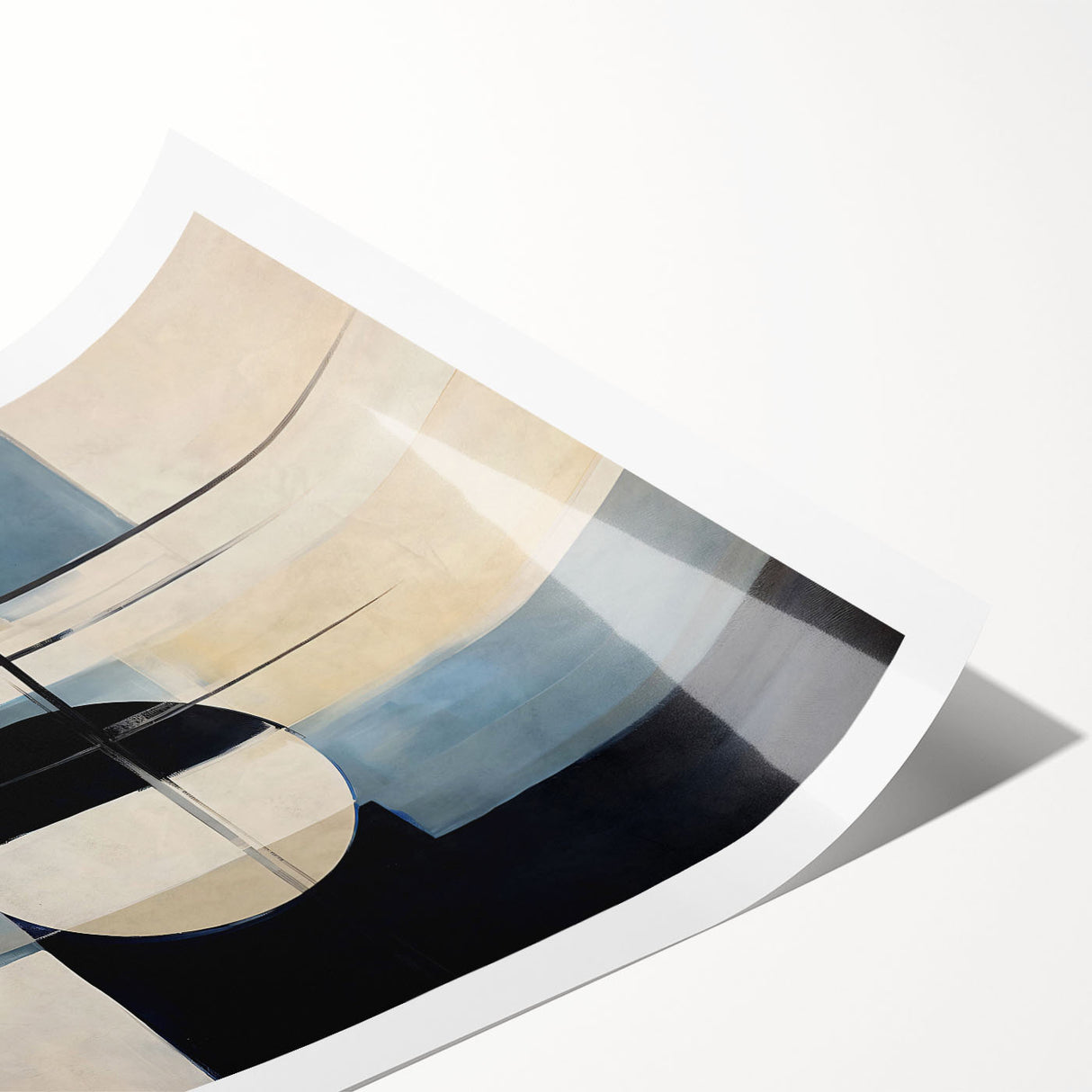 Abstract wall art print showcasing vibrant strokes and lines in shades of blue, orange, and grey, perfect for modern home decor or office aesthetics.