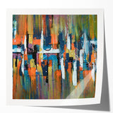 Abstract wall art featuring vibrant strokes and lines in shades of blue, pink, and gold. Ideal for modern decor, this glossy print adds a pop of color to any space.