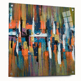 Abstract wall art featuring colorful strokes and lines, showcasing a modern design suitable for home decor. The acrylic glass frame highlights vibrant hues and adds elegance with visible mounting pins, perfect for contemporary interiors.