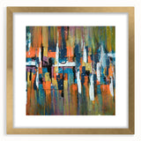 Abstract wall art featuring strokes and lines in a blend of gold and neutral tones, elegantly framed with a mat, showcasing a modern aesthetic perfect for home decor.