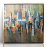 Framed wall art featuring an abstract design of vibrant strokes and lines in gold and neutral tones, ideal for modern decor and enhancing living spaces.