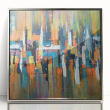 Framed wall art featuring an abstract design of colorful strokes and lines in silver and white, perfect for modern decor and enhancing any living space.