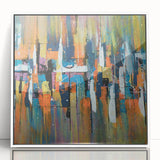 Framed wall art featuring an abstract design with colorful strokes and lines on a white background, perfect for modern decor. Ideal for enhancing living spaces or offices.