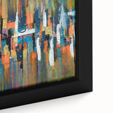 Close-up of an abstract strokes and lines design in vibrant colors on a framed canvas, showcasing intricate details in a modern wall art collection, perfect for contemporary decor.