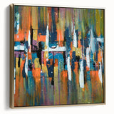 Framed canvas wall art showcasing an abstract design with gold strokes and lines, elegantly presented from a side view, perfect for modern home decor.