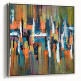 Framed canvas wall art showcasing an abstract design of colorful strokes and lines with a silver frame, ideal for modern home decor. Perfect for adding a vibrant touch to any room.