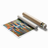 Abstract canvas print showcasing vibrant strokes and lines in shades of blue, orange, and yellow, perfect for modern home decor. Ideal for adding a splash of color to living spaces.