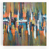 Abstract canvas wall art featuring vibrant strokes and lines in warm hues of orange, yellow, and blue, designed to enhance modern home decor, ideal for living rooms or galleries.