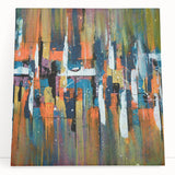 Abstract wall art featuring dynamic strokes and lines in vibrant hues of blue, orange, and yellow, displayed on a stretched canvas. Perfect for modern decor.
