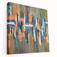 Abstract canvas wall art showcasing vibrant strokes and lines in shades of blue, orange, and green, designed to enhance modern home decor. Perfect for living rooms or creative spaces.