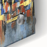 Abstract wall art close-up showcasing vibrant strokes and lines in a dynamic design, featuring shades of blue, yellow, and red on acrylic glass. Perfect for modern decor.