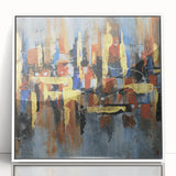 Framed wall art showcasing an abstract design of colorful strokes and lines in a modern style, featuring a white frame and acrylic finish for a contemporary decor touch.