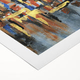 Abstract wall art design showcasing vibrant strokes and lines in shades of blue, orange, and gold on a rolled canvas, ideal for modern home decor.