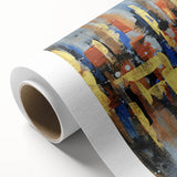 Abstract design featuring colorful strokes and lines on rolled canvas, perfect for modern home decor. This vibrant wall art adds a contemporary touch to any room, showcasing a blend of artistic colors and shapes.