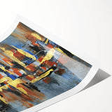 Abstract wall art print featuring vibrant strokes and lines in shades of blue, orange, and yellow, designed to add a contemporary touch to any space. This rolled print is ideal for modern home decor, enhancing interior aesthetics with its dynamic patterns and colors.