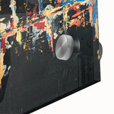 Abstract wall art featuring vibrant strokes and lines in shades of blue, yellow, and pink, crafted on acrylic glass, showcasing modern artistic design for contemporary decor.