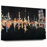 Abstract wall art featuring dynamic strokes and lines in vibrant colors on acrylic glass, elegantly showcased from the side without pins, perfect for modern decor.