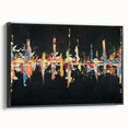 Framed canvas wall art showcasing an abstract design of colorful strokes and lines against a black background, highlighting modern artistic flair for home decor.