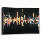 Framed canvas wall art showcasing an abstract design of colorful strokes and lines against a black background, highlighting modern artistic flair for home decor.
