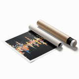 Abstract wall art print featuring vibrant strokes and lines in shades of blue, orange, and yellow, designed to enhance modern interior decor. Perfect for living rooms or creative spaces, this rolled artwork adds a dynamic touch to any wall.