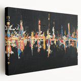 Abstract wall art featuring dynamic strokes and lines in vibrant colors, showcased on a stretched canvas with a side view, perfect for modern home decor.
