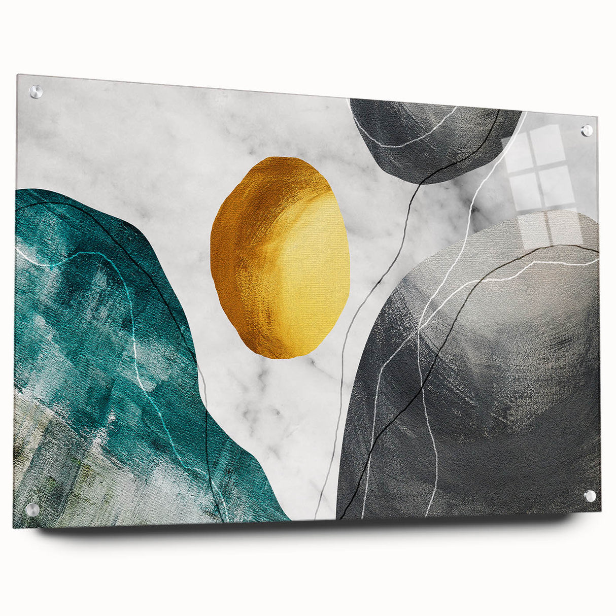 Acrylic wall art print showcasing an abstract design with colorful strokes and lines, elegantly displayed in a sleek frame with pins for a modern aesthetic. Ideal for contemporary decor and artistic spaces.