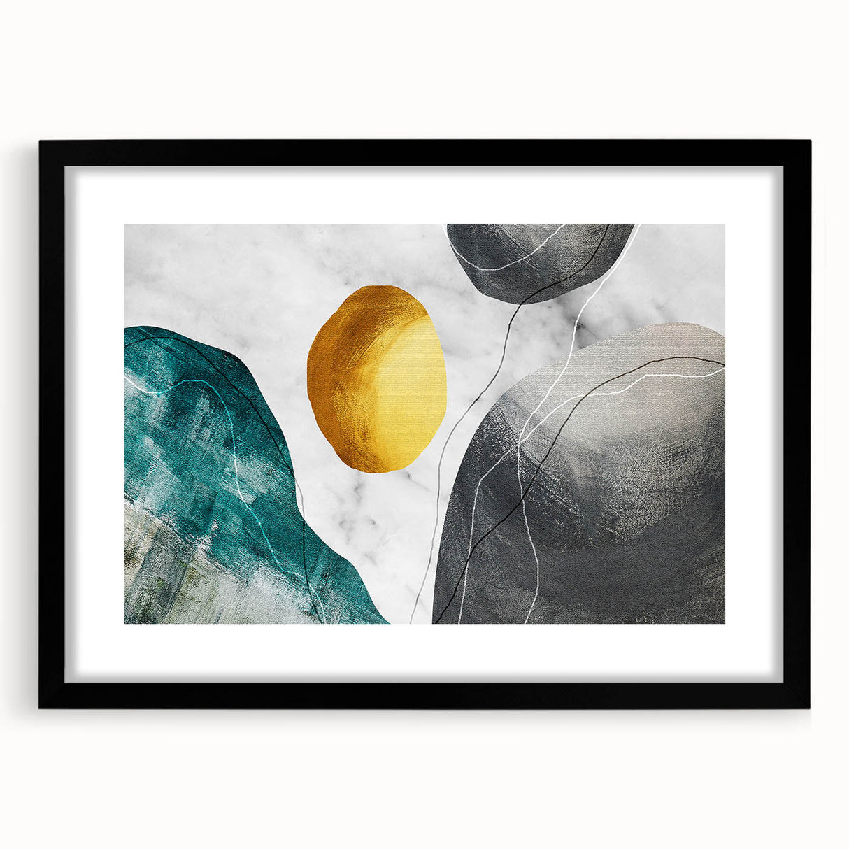 Abstract wall art design featuring dynamic strokes and lines in a modern style, framed with a black mat, ideal for contemporary home decor. Perfect for adding a touch of sophistication to any room.