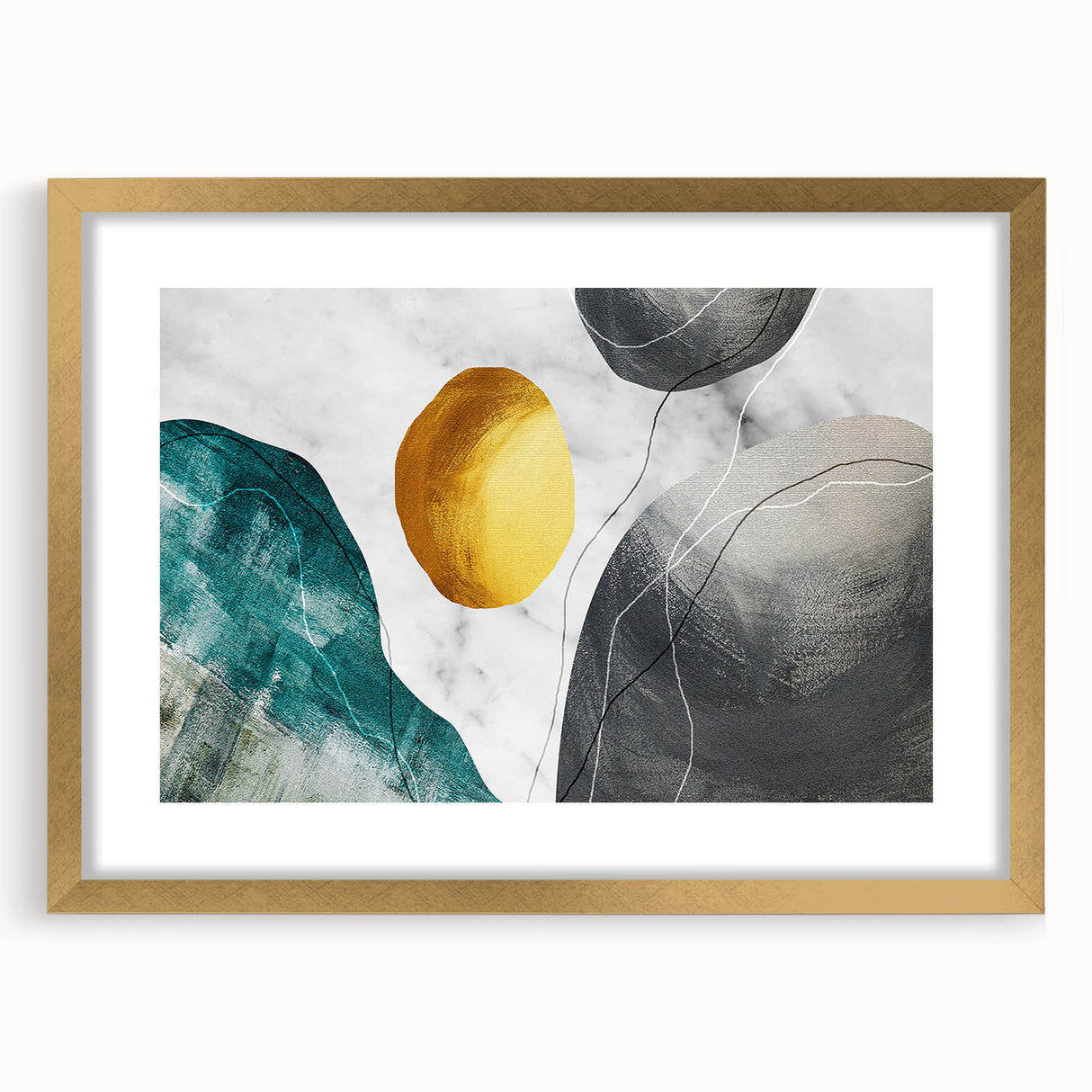 Abstract strokes and lines in a sophisticated design, featuring a gold frame with a mat, ideal for modern home decor. Perfect for enhancing living spaces.