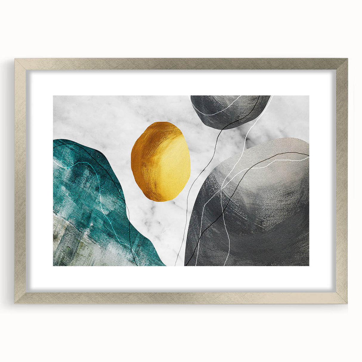 Abstract strokes and lines in a modern design showcased in a silver-framed wall art piece. This stylish artwork adds elegance to any room decor, featuring a sleek mat for depth and enhancement. Perfect for contemporary spaces, it combines artistic flair with a minimalist aesthetic.