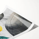 Abstract wall art print showcasing vibrant strokes and lines in hues of blue, orange, and gold, perfect for modern home decor, rolled and ready to frame.