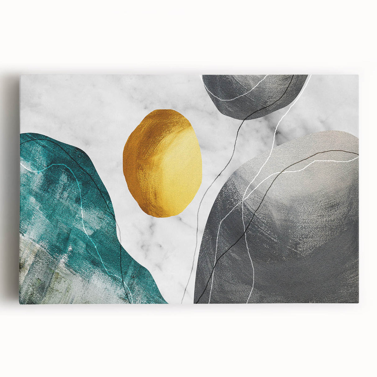 Colorful abstract strokes and lines design on stretched canvas wall art, showcasing vibrant hues of blue, orange, and yellow, perfect for modern home decor.