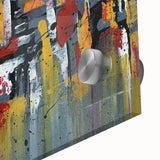 Close-up of an abstract wall art design showcasing vibrant strokes and lines in rich colors, printed on acrylic glass, perfect for modern decor.