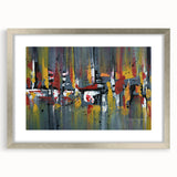 Abstract strokes and lines design in a silver frame with mat, showcasing a modern art collection piece ideal for home decor. Perfect for contemporary settings.