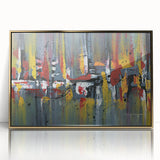 Framed abstract wall art featuring dynamic strokes and lines in gold and black, adding a modern touch to any decor. Ideal for contemporary living spaces.