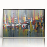 Framed wall art featuring an abstract design of colorful strokes and lines in a modern silver frame, perfect for contemporary home decor. This striking piece adds a vibrant touch to any room, enhancing the overall aesthetic with its dynamic composition.