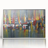 Framed acrylic wall art featuring an abstract design with colorful strokes and lines, set against a white background, perfect for modern home décor.