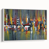 Framed canvas wall art showcasing an abstract design of colorful strokes and lines on a white background, offering a modern aesthetic for home decor.