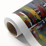 Colorful abstract strokes and lines on a rolled canvas, showcasing a modern artistic design perfect for home decor. The vibrant hues blend seamlessly, offering a stylish accent for any room.