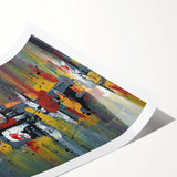 Abstract wall art design showcasing vibrant strokes and lines in shades of blue, orange, and yellow, ideal for modern home decor and artistic expression.