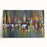 Abstract wall art featuring colorful strokes and lines on a stretched canvas, showcasing vibrant hues of blue, orange, and yellow, ideal for modern home decor.