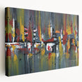Abstract wall art featuring vibrant strokes and lines in shades of blue, yellow, and red, showcasing a modern design on stretched canvas with a side view perspective.