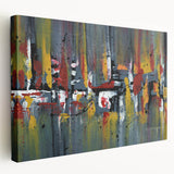 Abstract wall art featuring vibrant strokes and lines in shades of blue, yellow, and red, showcasing a modern design on stretched canvas with a side view perspective.
