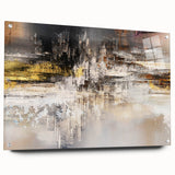 Abstract wall art collection featuring colorful strokes and lines on acrylic glass, displayed from the side with visible mounting pins, perfect for modern decor.
