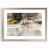 Abstract wall art featuring a modern design of colorful strokes and lines, framed in silver with a mat. Ideal for contemporary home decor or office spaces.