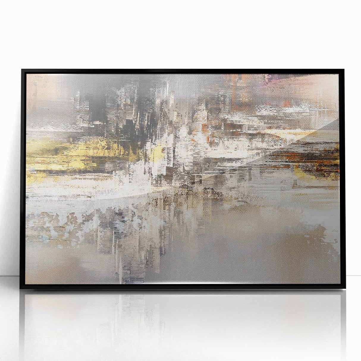Framed wall art featuring an abstract design of colorful strokes and lines, set against a black background, perfect for modern home decor enhancement.