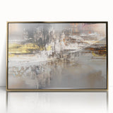 Framed acrylic wall art featuring an abstract design of gold strokes and lines, elegantly capturing modern aesthetics in a contemporary setting. Perfect for enhancing home decor.
